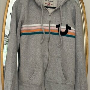 True Religion Gray Hoodie with Colorful Stripes